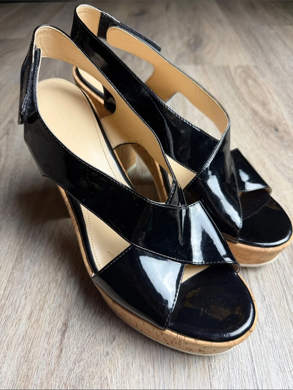 Calvin Klein Black Patent Cork Platform Block Heel Sandals Size 10B